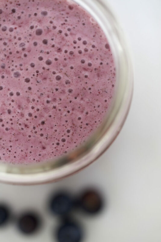 top down view of a blueberry smoothie